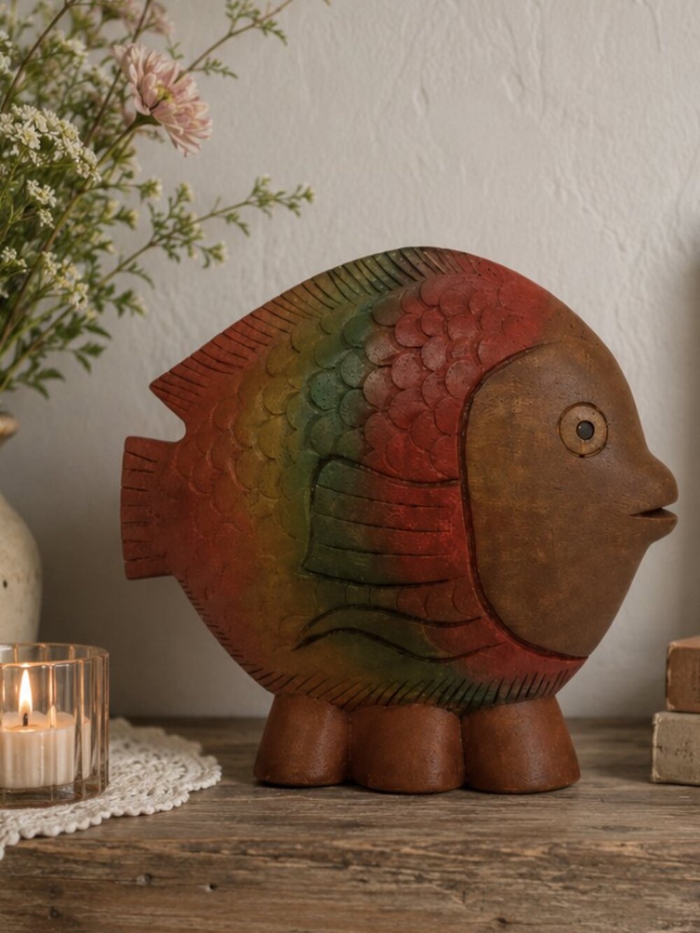 Hand Carved Wood Rainbow Fish Sculpture Multi-colour Detailed Design Handmade